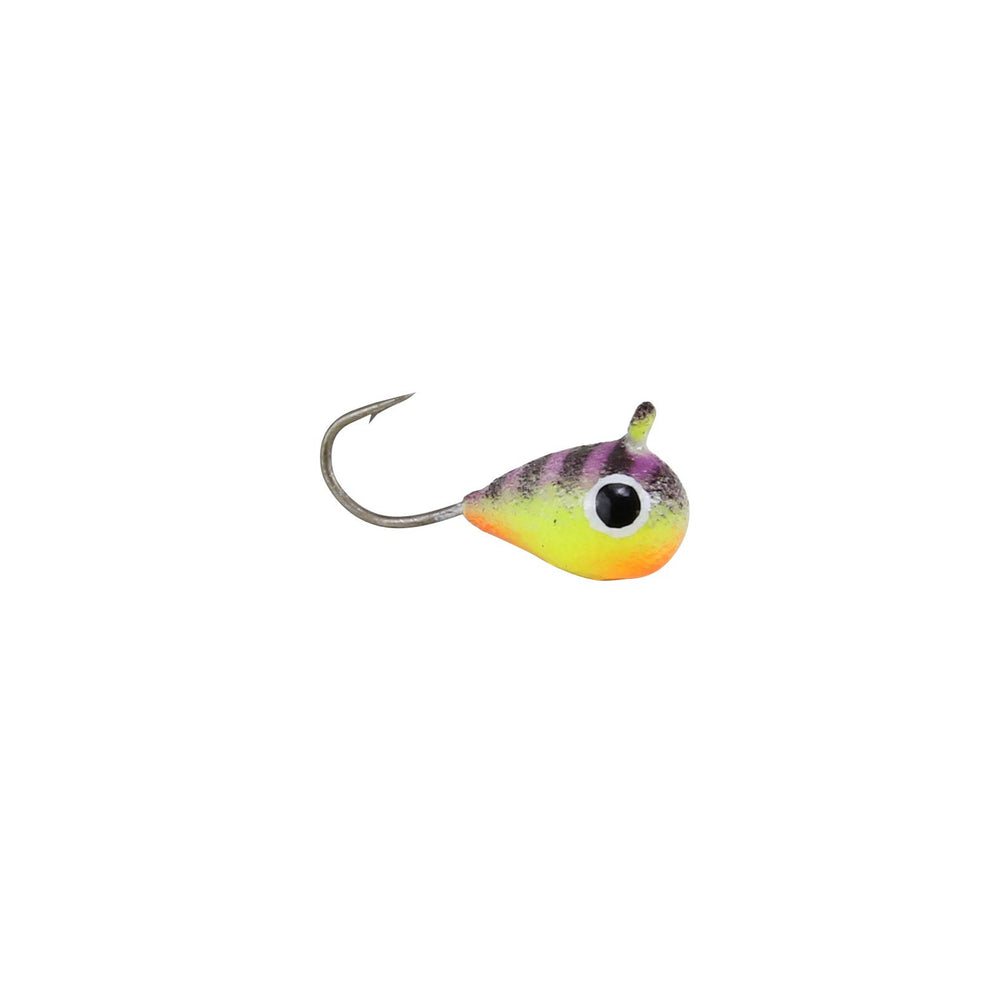 CLAM Drop Jig XL Glow Purple Tiger ready for ice fishing with larger hook for improved penetration