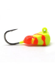CLAM Drop-Kick jig in chart/orange swirl for precise cadence and strong hook-setting.