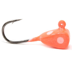 CLAM Genz Drop-Kick pink glow dot increases bite attraction for ice fishing.