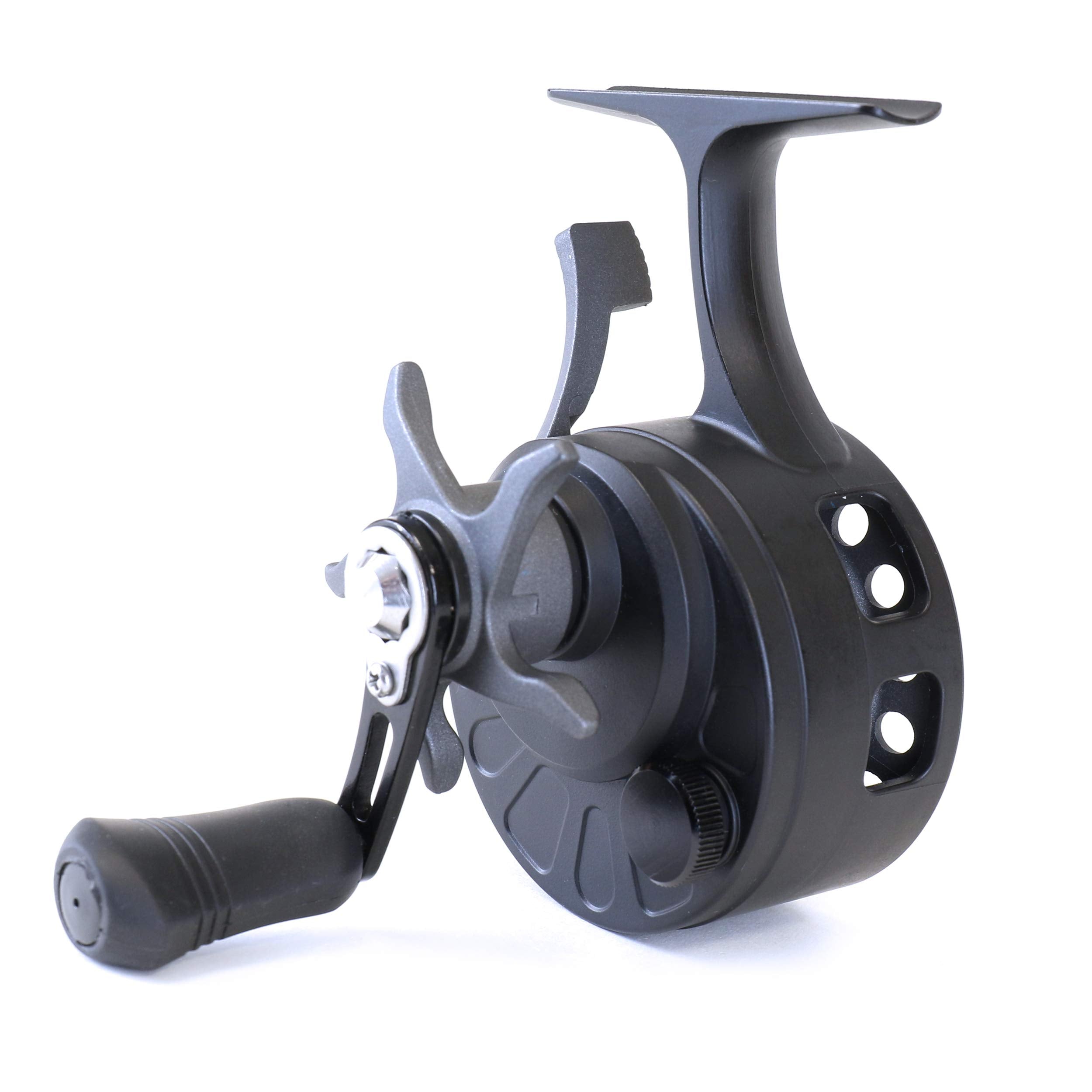 CLAM Gravity inline ice reel showing a 3.6:1 gear ratio for smooth line retrieval.