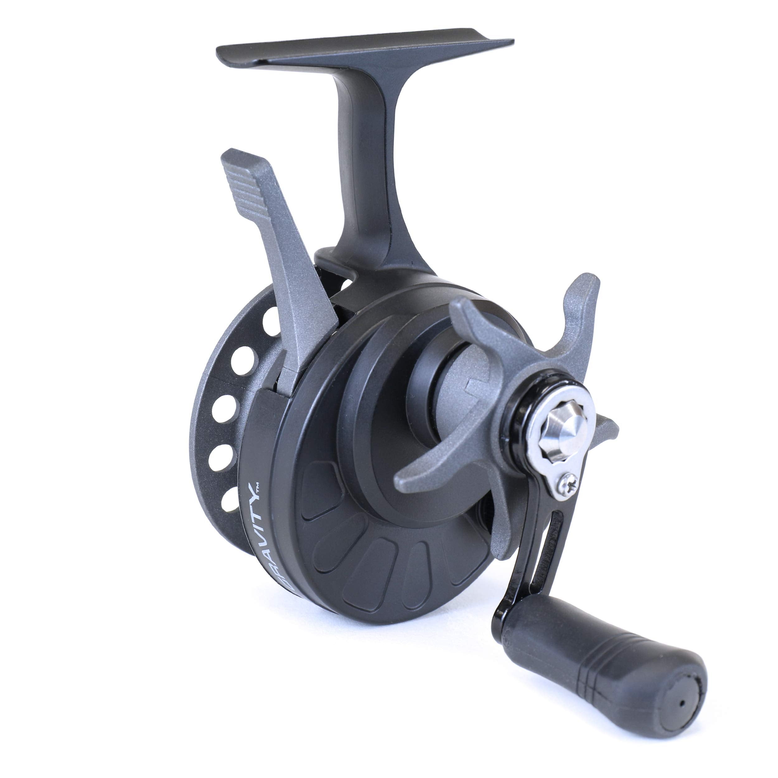 CLAM Gravity inline ice reel left-hand retrieve for ergonomic control on the ice.