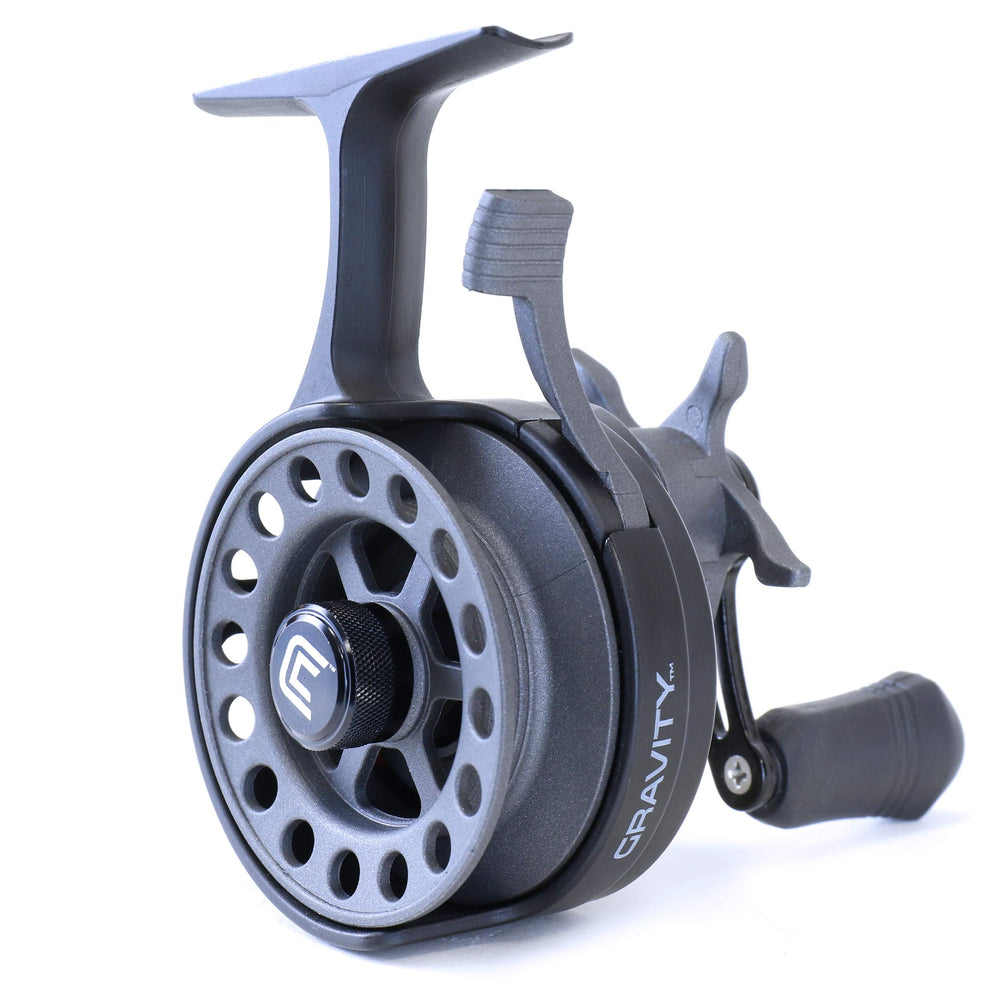 CLAM Gravity inline ice reel with ultra-light graphite body for all-day comfort.