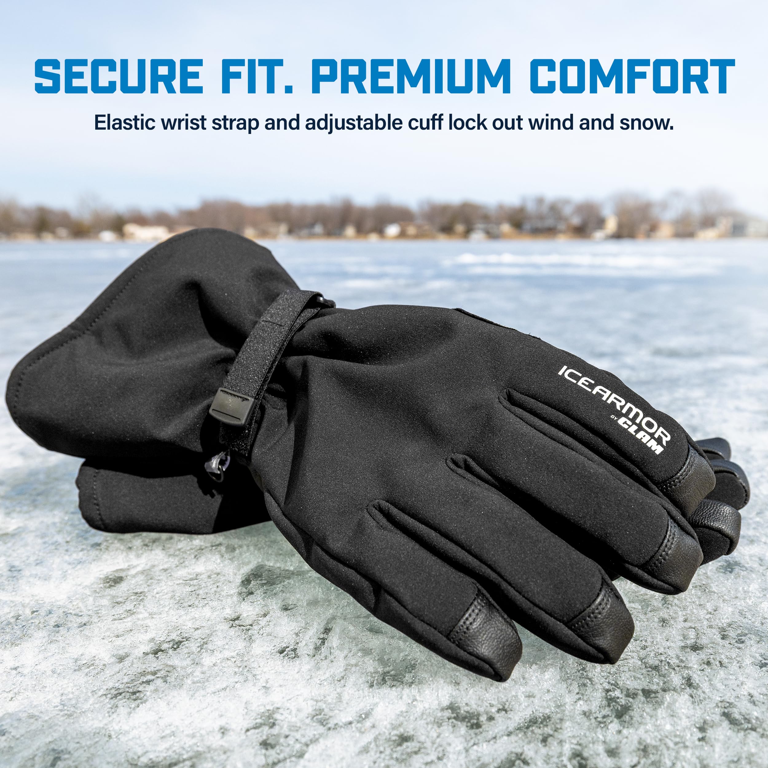 CLAM IceArmor Extreme Gloves snowmobile-ready design enhances grip in cold wind.