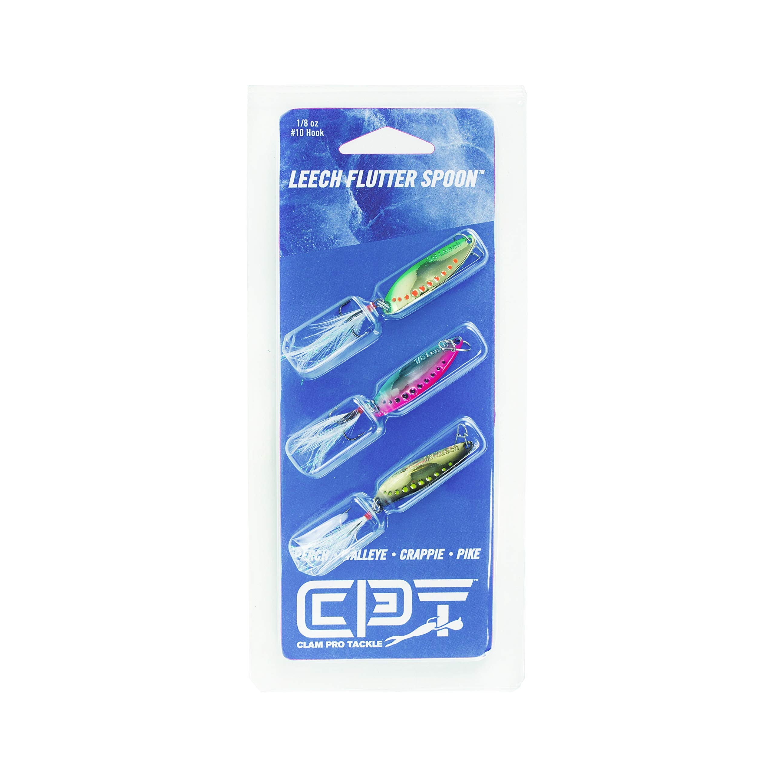 CLAM Leech Flutter Spoon Kit Lightning size 10 packaging image highlights a ready-to-fish jigging set