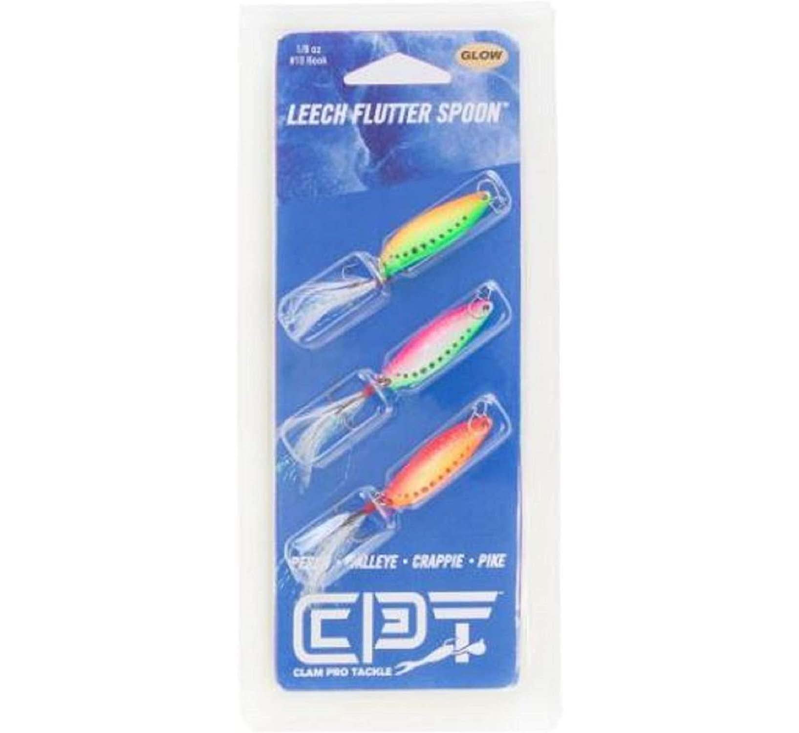 CLAM Leech Flutter Spoon Kit in Glow Wonderbread boosts ice fishing bite visibility