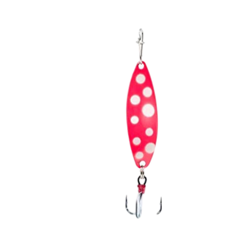 CLAM Panfish Leech Flutter Spoon in glow pink wonderbread attracts panfish in low light conditions.
