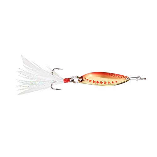 CLAM Panfish Leech Flutter Spoon closeup shows luminous pink glow for visibility.