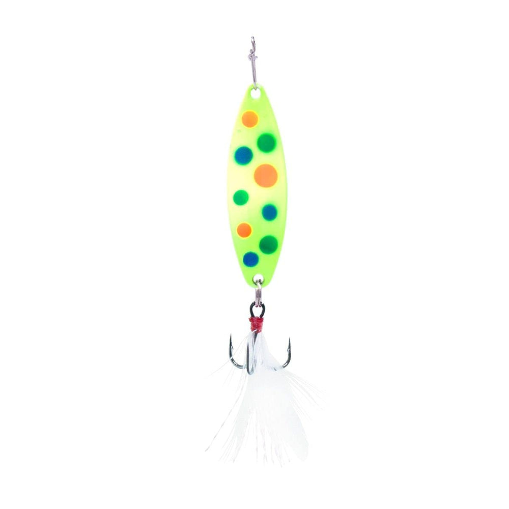 CLAM Panfish Leech Flutter Spoon in Glow Chart Wonderbread enhances visibility for ice fishing.