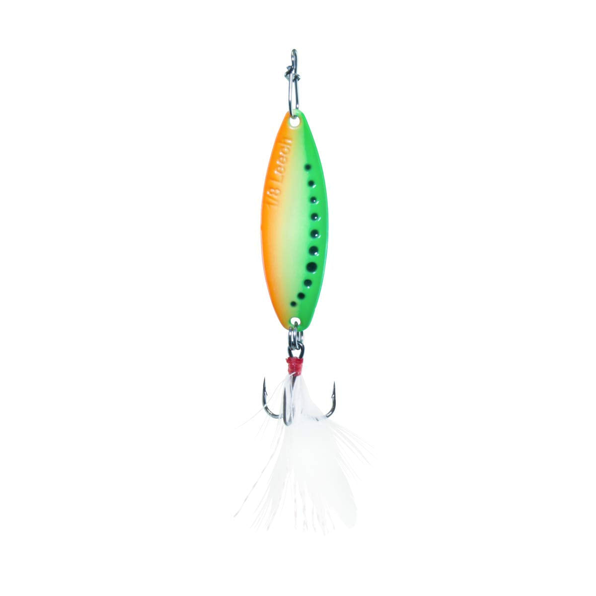 CLAM Panfish Leech Flutter Spoon in Glow Firetiger boosts visibility for ice fishing.