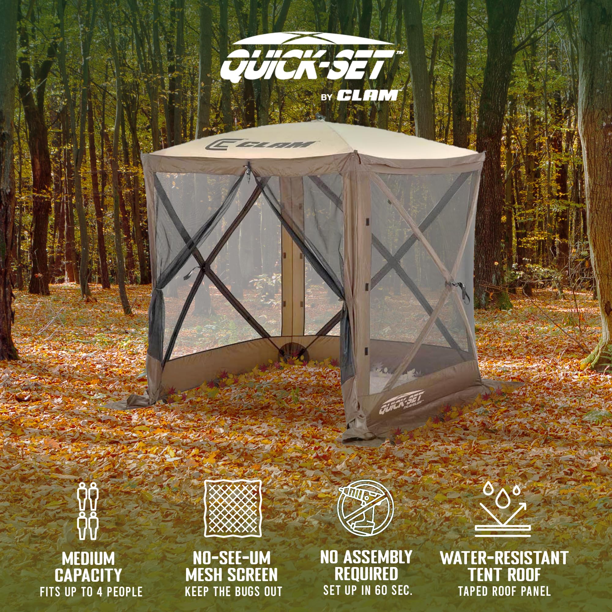 CLAM Pop Up Screen Tent open top illustrating sun shelter and rain-ready versatility