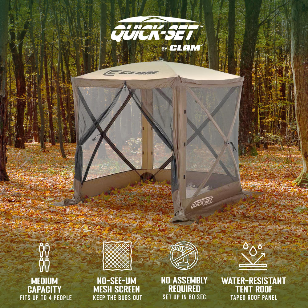 CLAM Pop Up Screen Tent open top illustrating sun shelter and rain-ready versatility