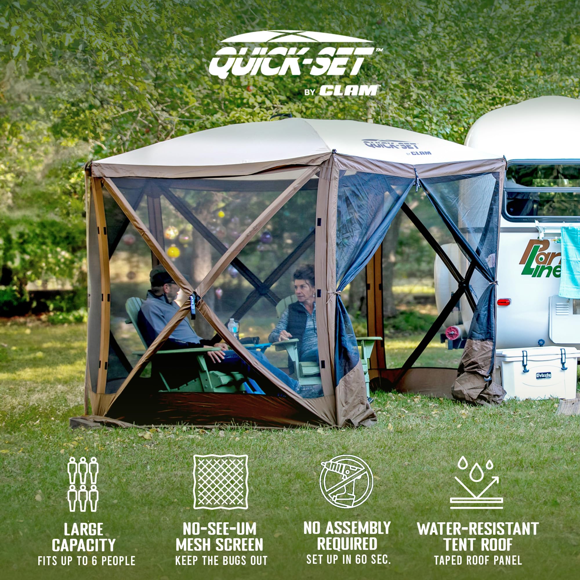 CLAM Pop Up Screen Tent 9x9 open front reveals spacious interior.