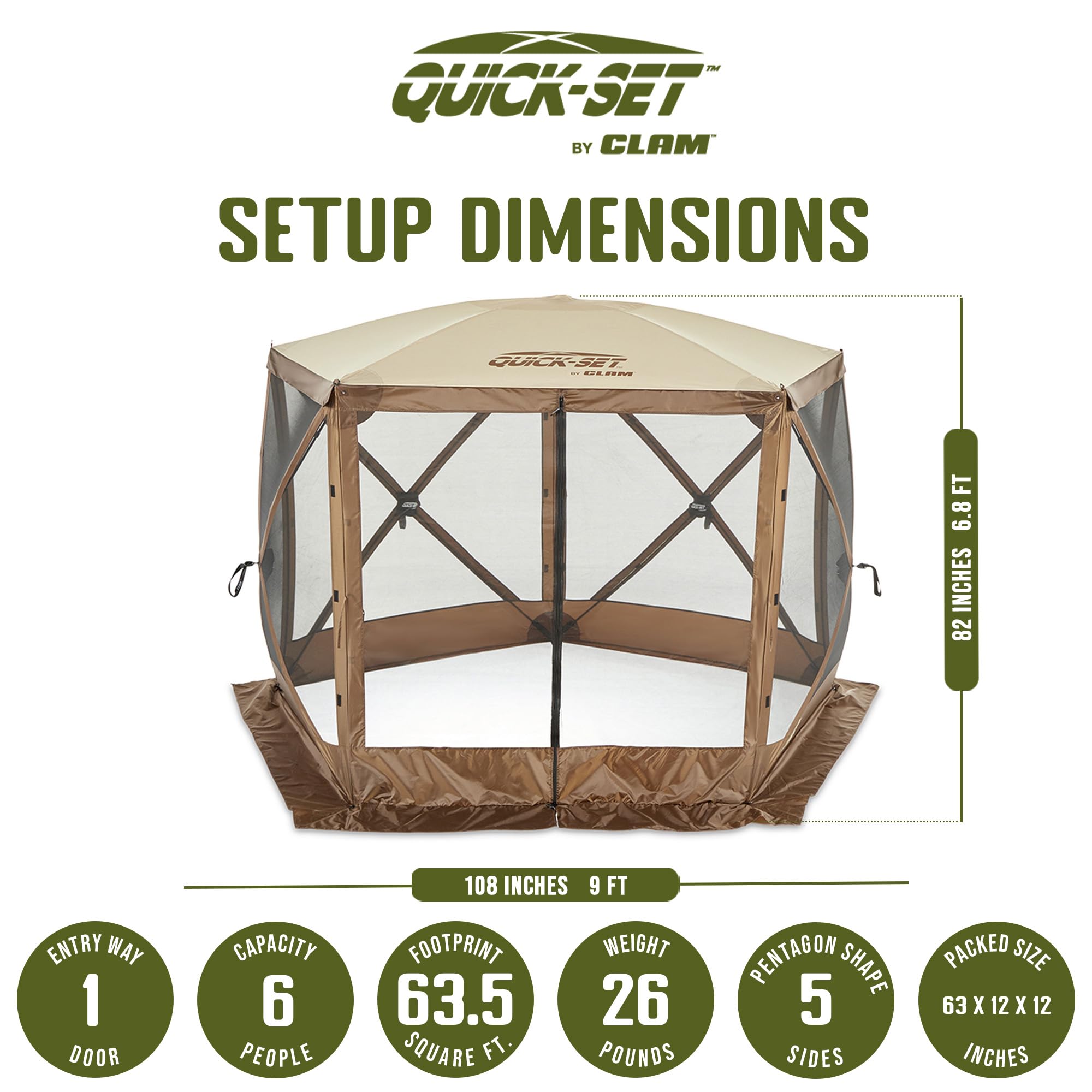 CLAM Pop Up Screen Tent 9x9 side view shows a sturdy fiberglass frame.