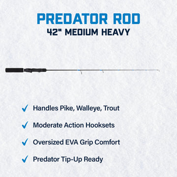 CLAM Predator 42in rod with locking skeletal reel seat for secure adjustments.