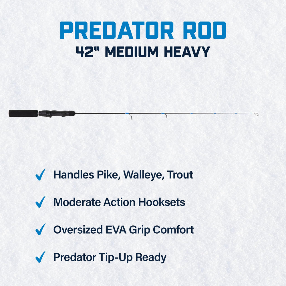 CLAM Predator 42in rod with locking skeletal reel seat for secure adjustments.