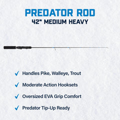 CLAM Predator 42in rod with locking skeletal reel seat for secure adjustments.