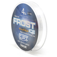 CLAM Pro Tackle Frost Line ice monofilament for ice fishing, offering low memory and sensitive bite detection.