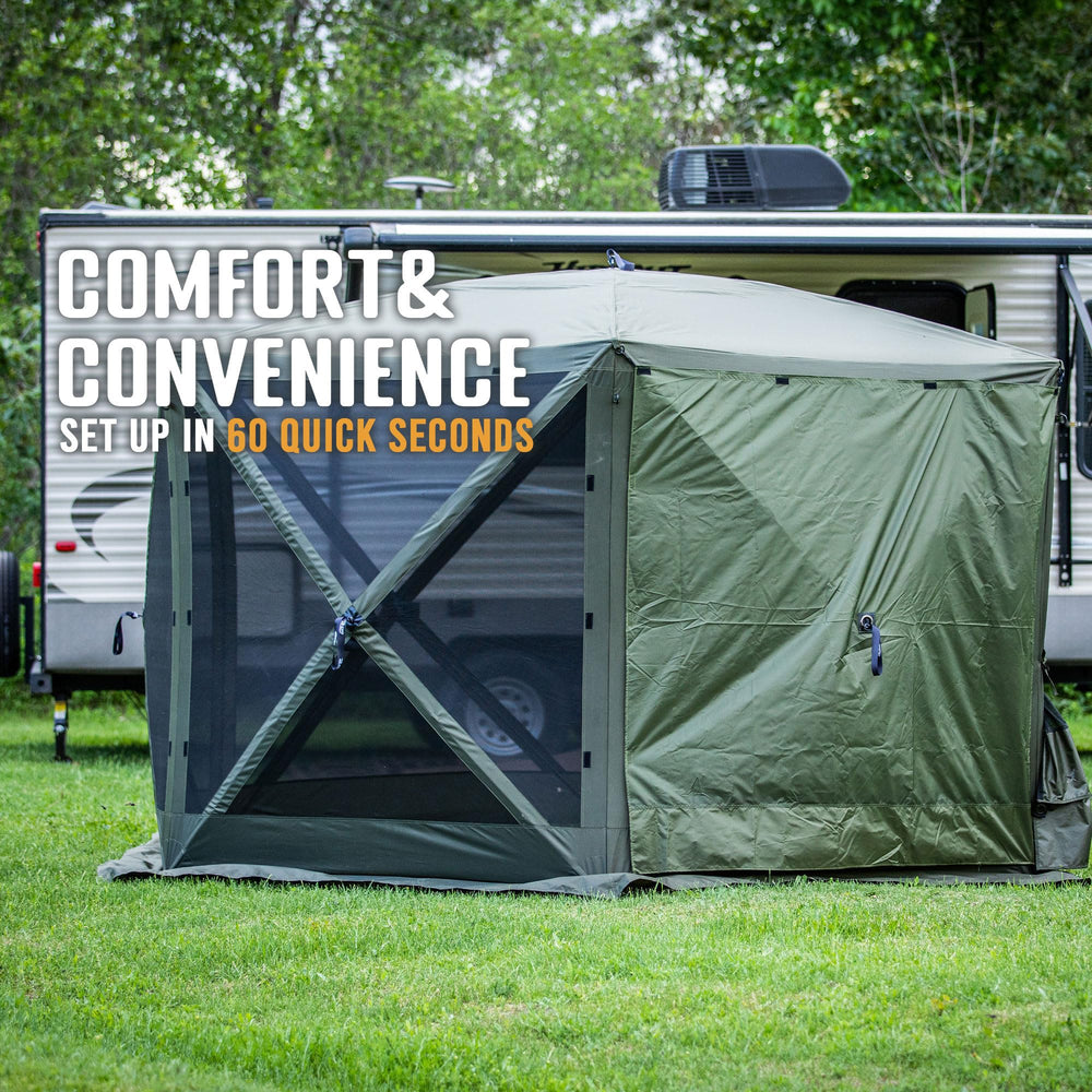 CLAM Quick-Set wind and sun panels with D-rings and Velcro show fast installation