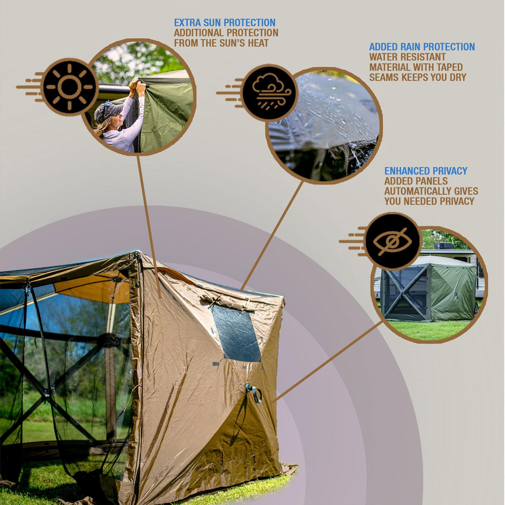 CLAM Quick-Set wind and sun panels private space in a Traveler setup