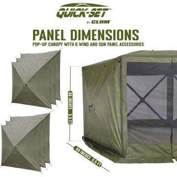 CLAM Quick-Set wind and sun panels side drapes illustrating wind protection and shade