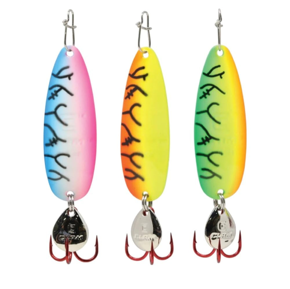 CLAM Ribbon Leech Flutter Spoon Kit 1/16oz Glow—visibility for ice fishing in murky water.