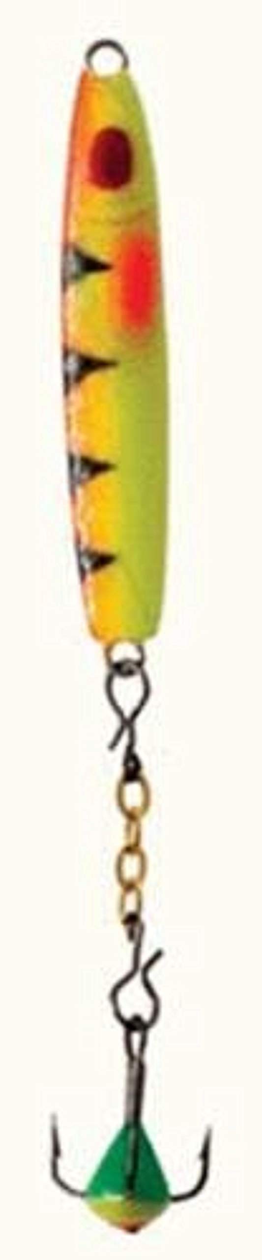 CLAM Speed Spoon 1/8 oz Glow Firetiger lure attracts panfish on ice.