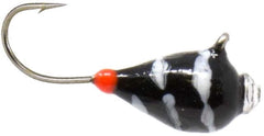 CLAM Swirl Drop lure in black/white swirl with glow bead and light-reflecting Swarovski gem to attract fish