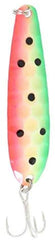 Clam The Peg Flutter Spoon Watermelon front view highlights bright color and flash for attracting large walleye.