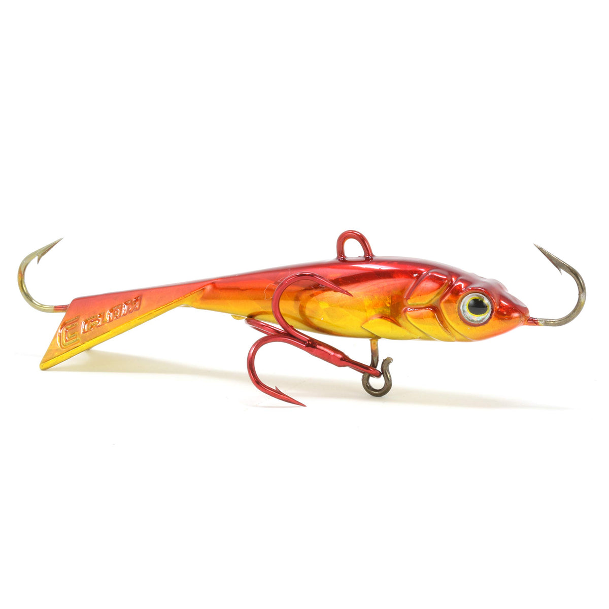 CLAM Tikka Mino 5/8oz red-gold holo side view shows lifelike action