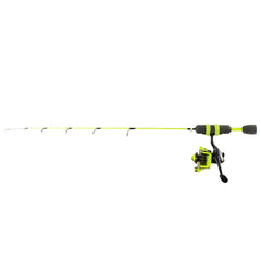 CLAM Voltage 27” light ice fishing combo showing sensitive graphite/fiberglass rod for crisp bite detection