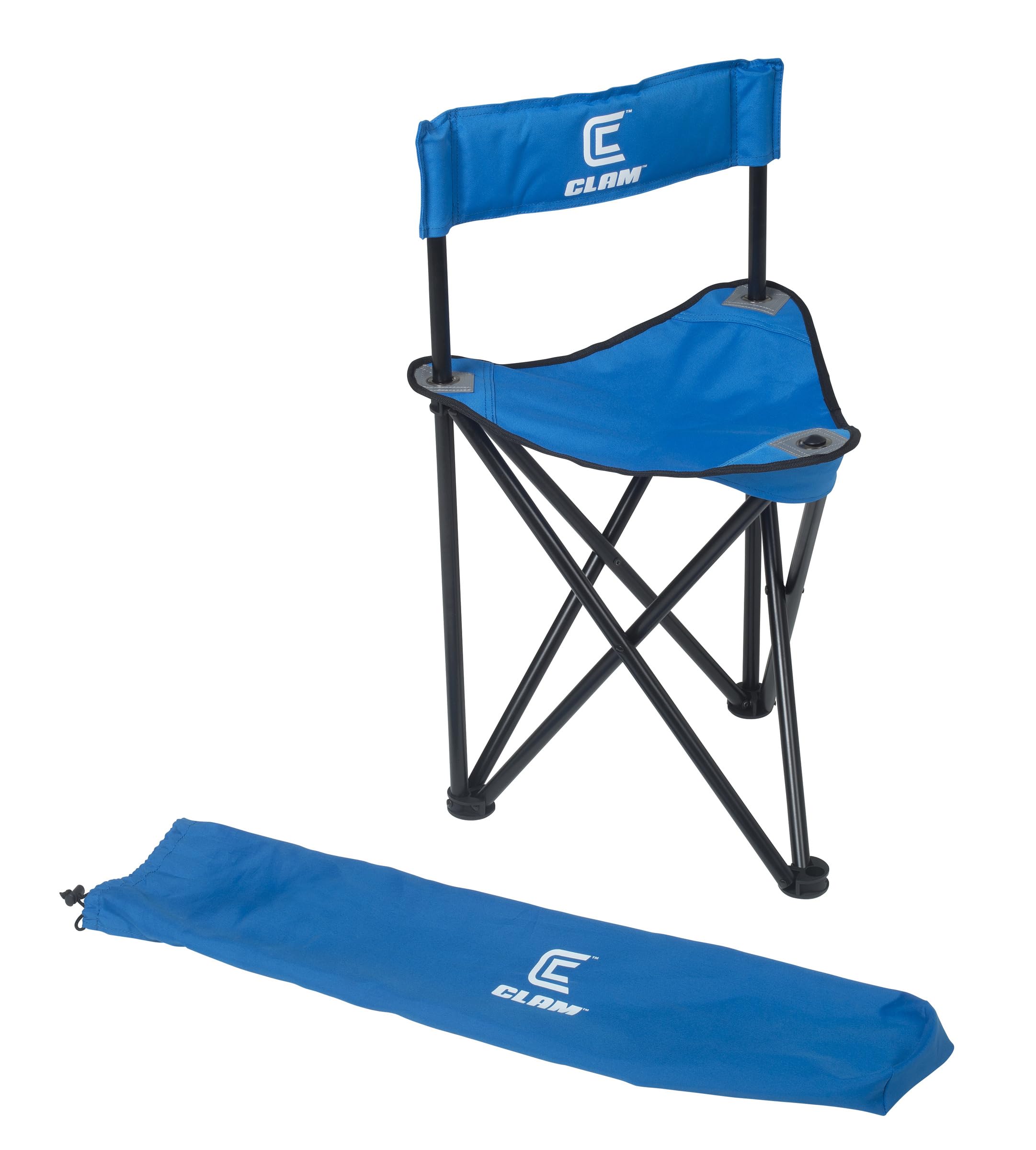 CLAM XL Tripod Chair folded, portable seating for camping and ice shelter use.