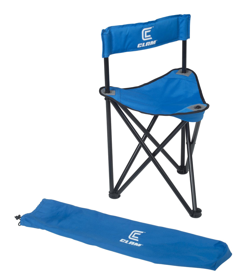 CLAM XL Tripod Chair folded, portable seating for camping and ice shelter use.