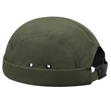 Back view showing adjustable snapback buckle on CLAPE brimless cap