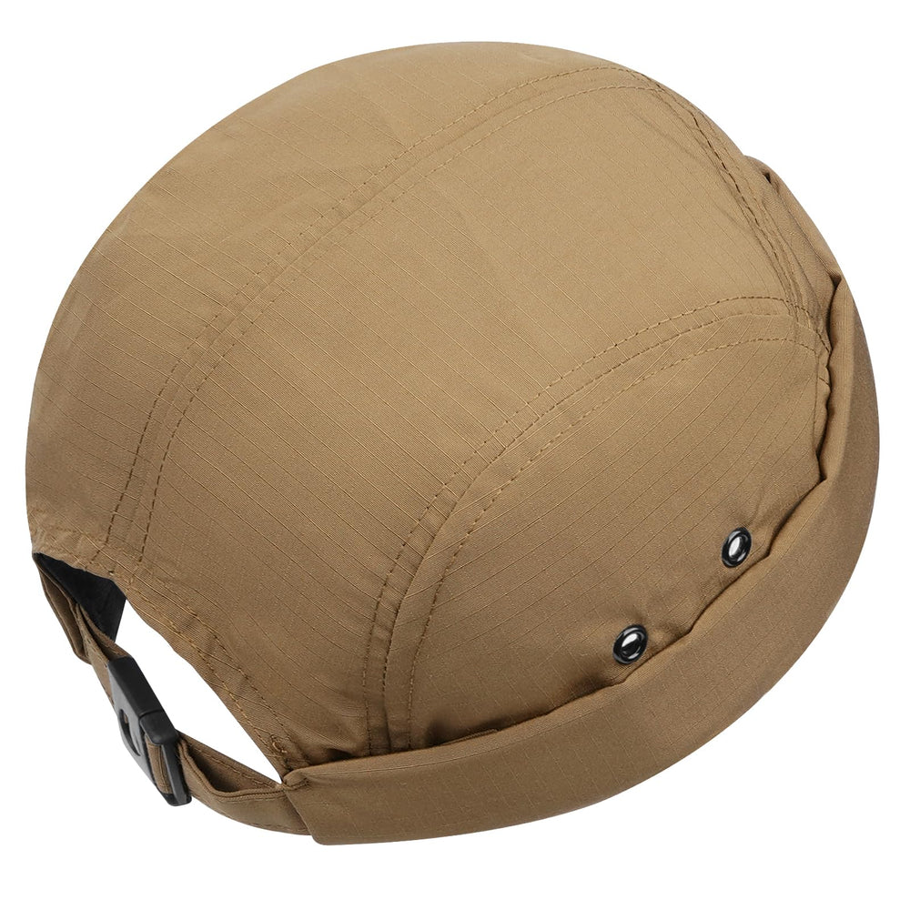 Side profile showing snapback buckle on CLAPE brimless cap