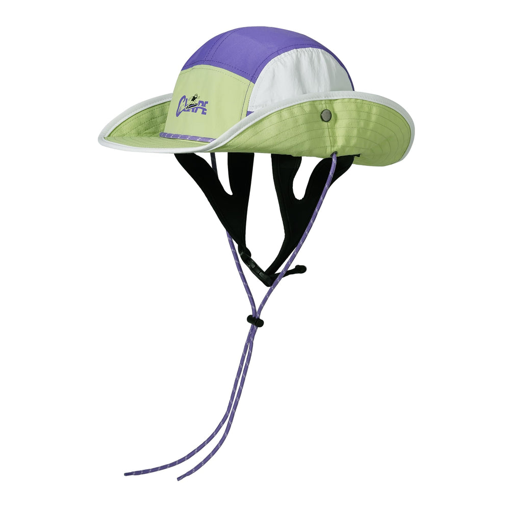 Detail of adjustable chin strap securing the hat