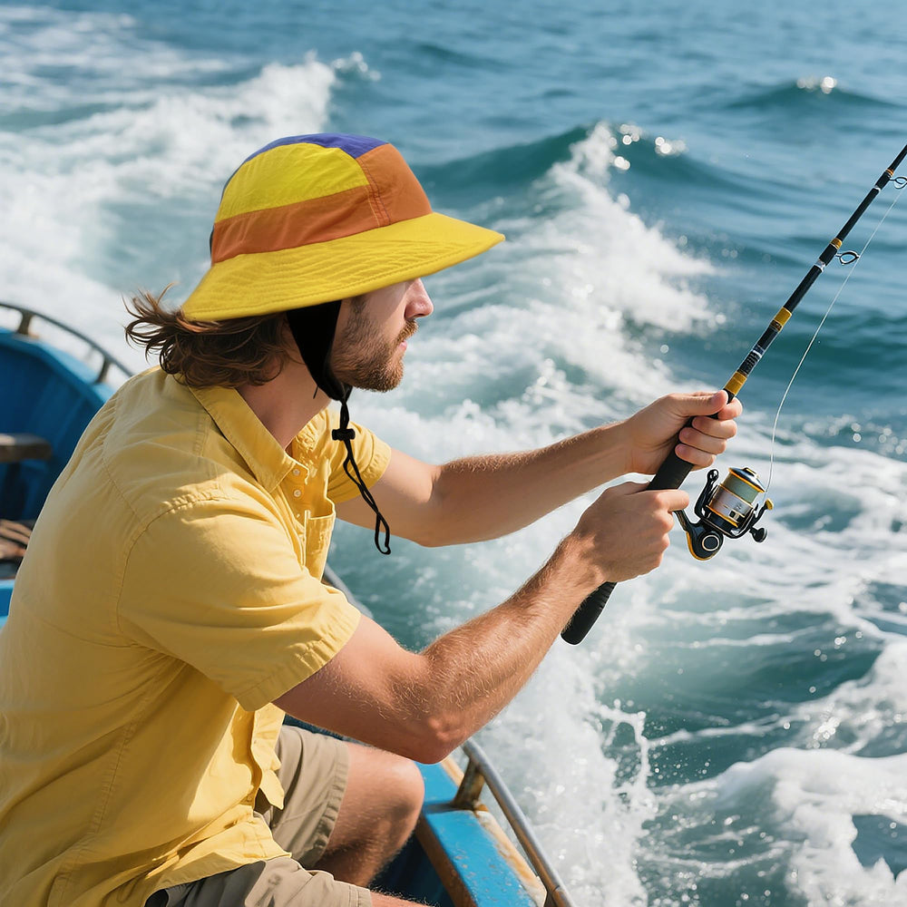 Woman wearing CLAPE Surf Hat on a boat