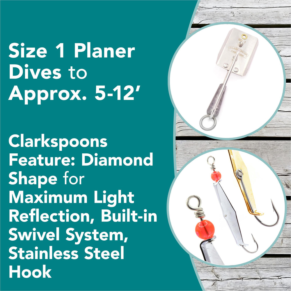 Clarkspoon ball-bearing trolling sinkers improve lure stability and depth control.