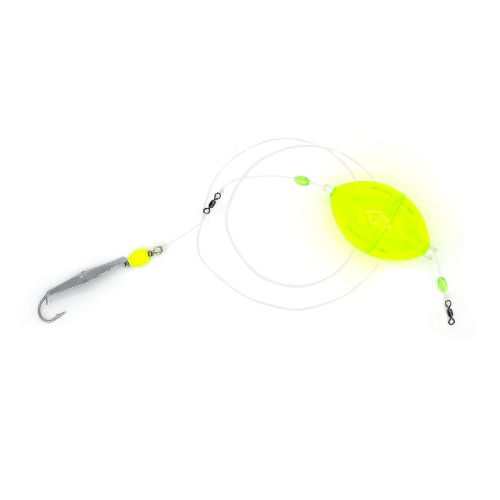 Clarkspoon Bubble Buster rig with chartreuse bubble float boosts long casting reach for schooling mackerel.