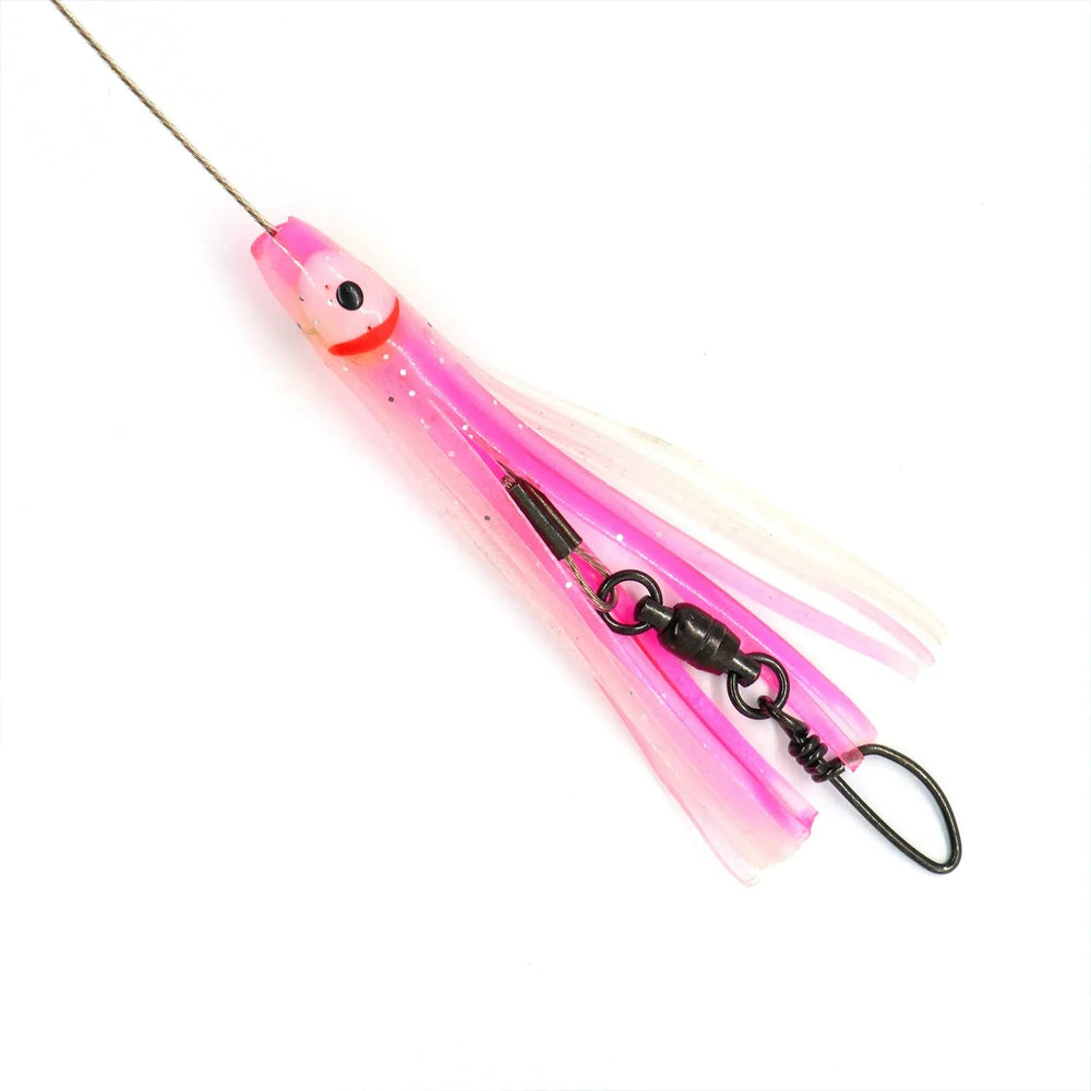 Clarkspoon Mini Bar pink 8-inch rigged setup with 120lb swivel for reliable leader connection.