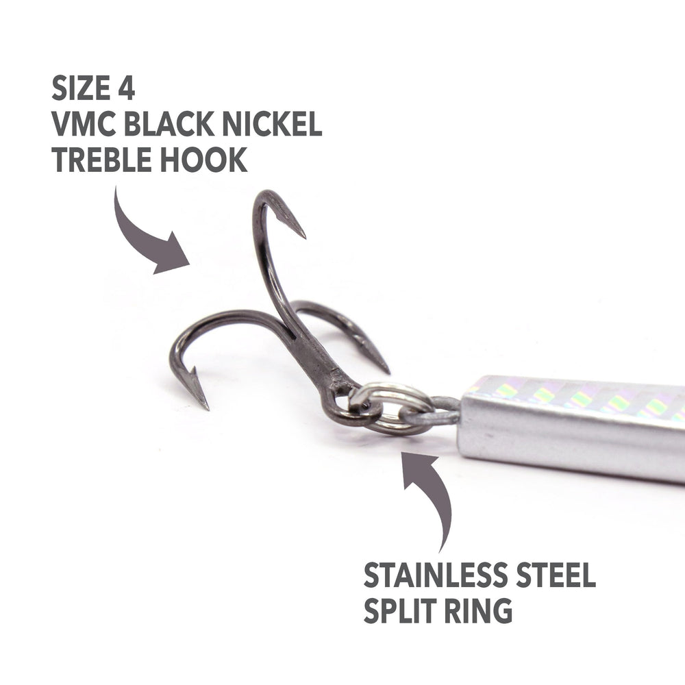 Clarkspoon Stick Jig showing treble hook and stainless rings for durability.