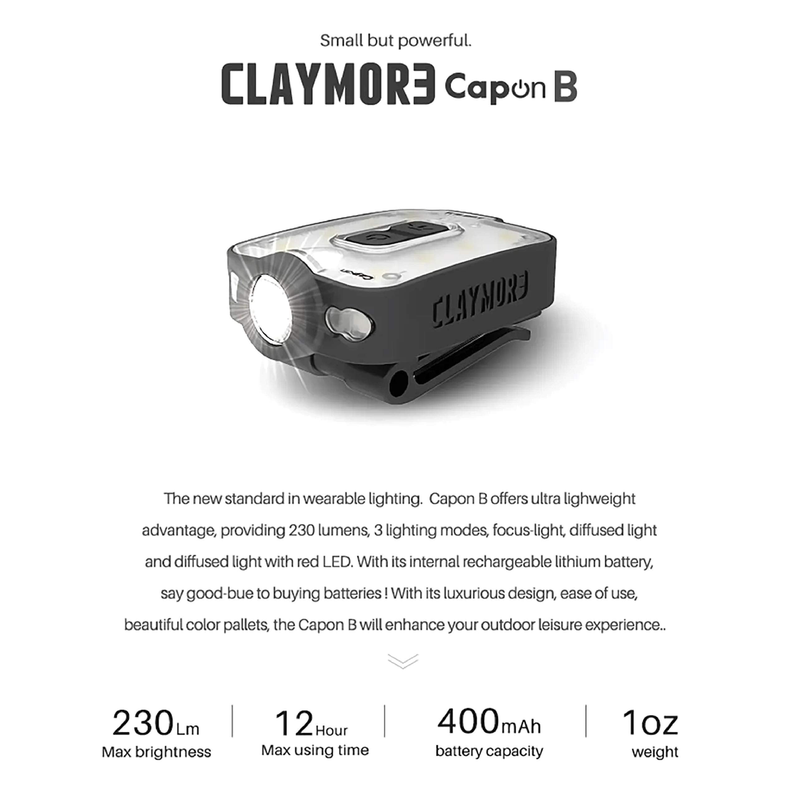 Claymore Capon 40B helmet-mount clip provides secure overhead lighting.