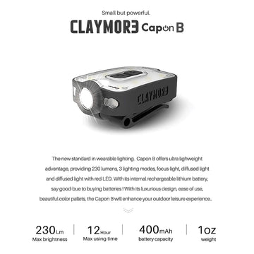 Claymore Capon 40B helmet-mount clip provides secure overhead lighting.