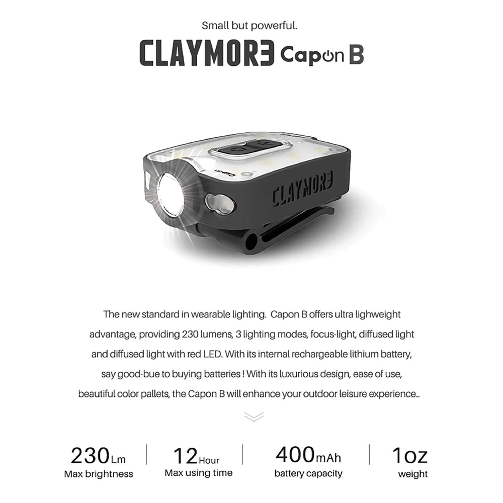 Claymore Capon 40B helmet-mount clip provides secure overhead lighting.