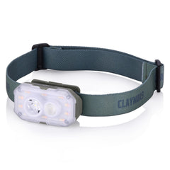 Claymore HEADY+ Khaki headlamp front view showing compact, lightweight design for comfortable wear