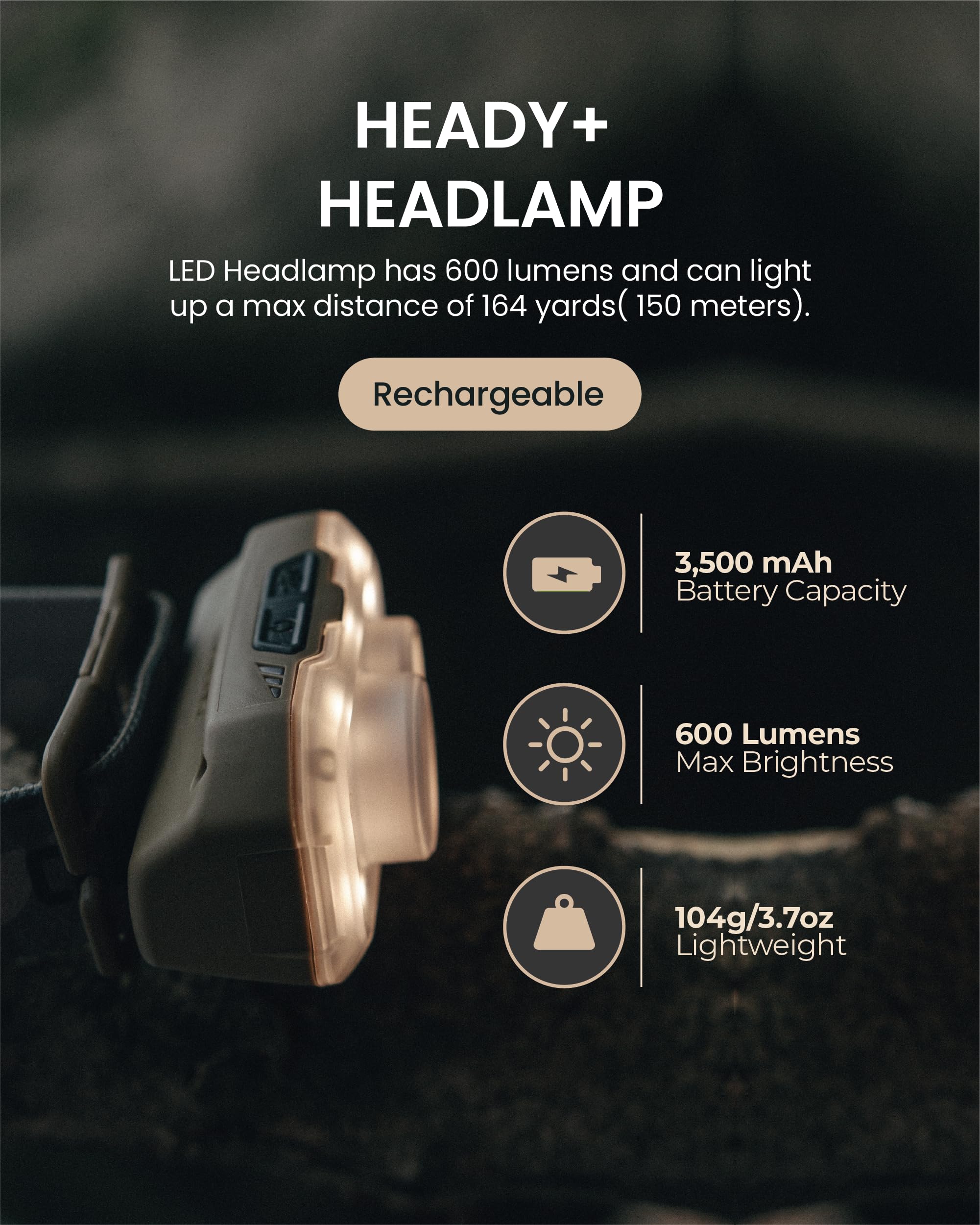 Claymore HEADY+ Khaki USB-C recharge image highlighting quick charging and extended runtime