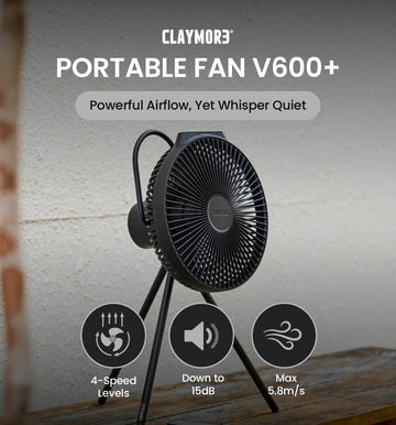 Claymore V600+ black portable fan rear view showing compact battery and venting