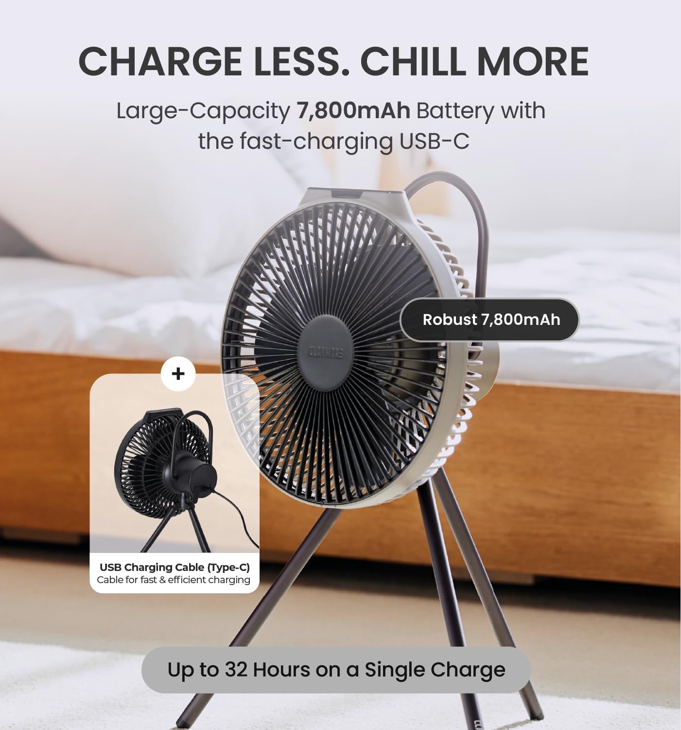 Claymore V600+ black portable fan outdoors demonstrating portable airflow
