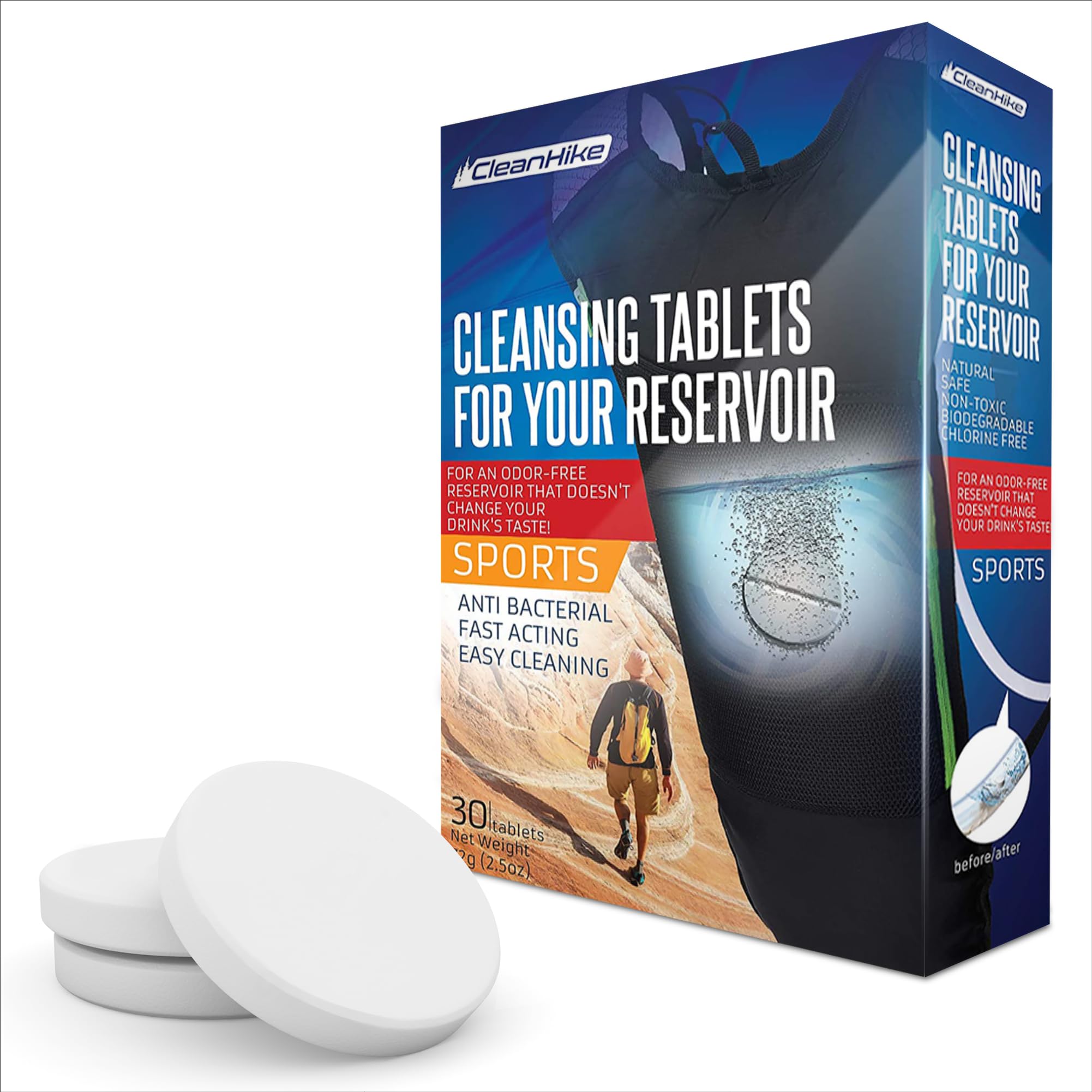 CleanHike hydration backpack tablets packaging highlights convenience for on-the-go cleaning