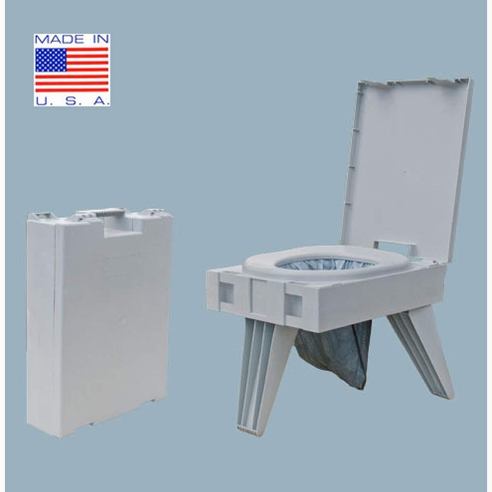 Cleanwaste GO Anywhere folded compact toilet setup for easy portability.