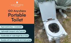 Cleanwaste GO Anywhere toilet with sturdy locking legs on uneven ground.